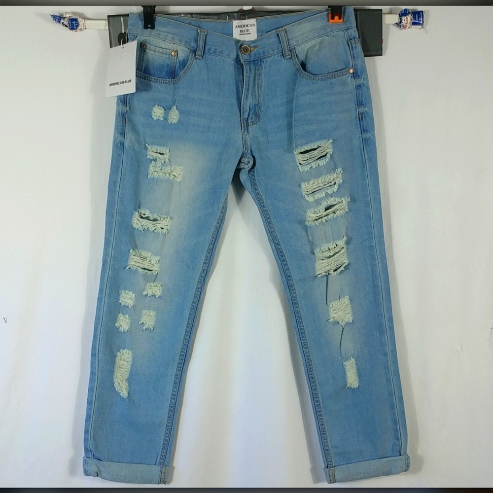 American Blue Junior Distressed Cropped Mid-Rise Trendy Blue Jeans Size 11 NWT